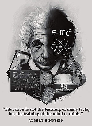 Albert Einstein Portrait with E=mc2, Atom, Violin, and Brain Illustration HD phone wallpaper