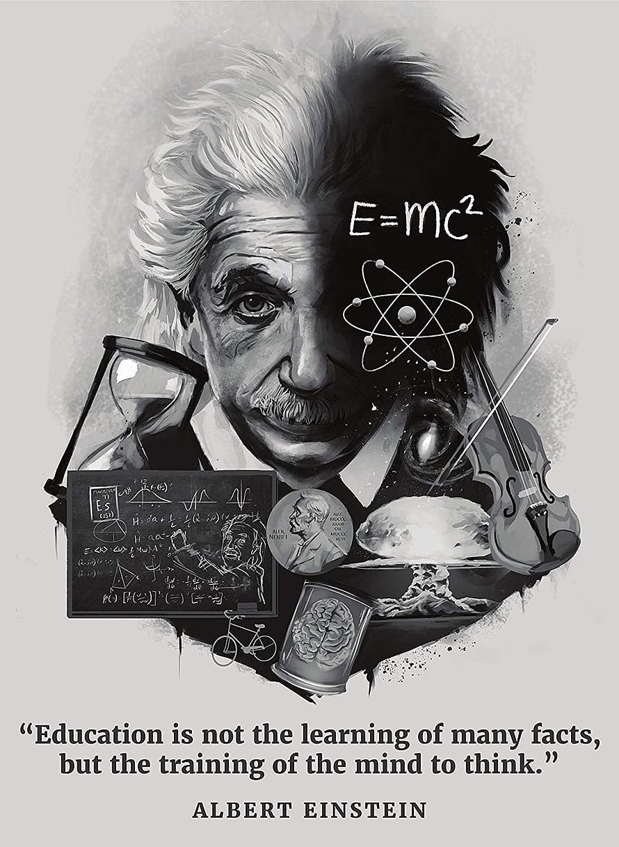 Albert Einstein Portrait with E=mc2, Atom, Violin, and Brain Illustration HD phone wallpaper