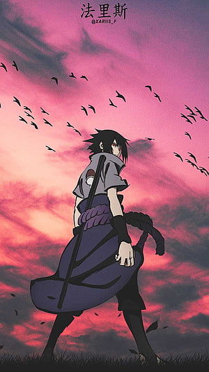 Uchiha Sasuke Anime Character Standing Against Pink Sunset Sky With Birds HD phone wallpaper