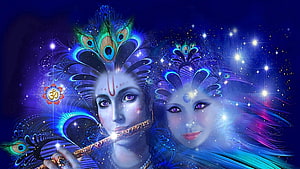 Lord Krishna and Radha Digital Art with Peacock Feathers and Om Symbol HD wallpaper