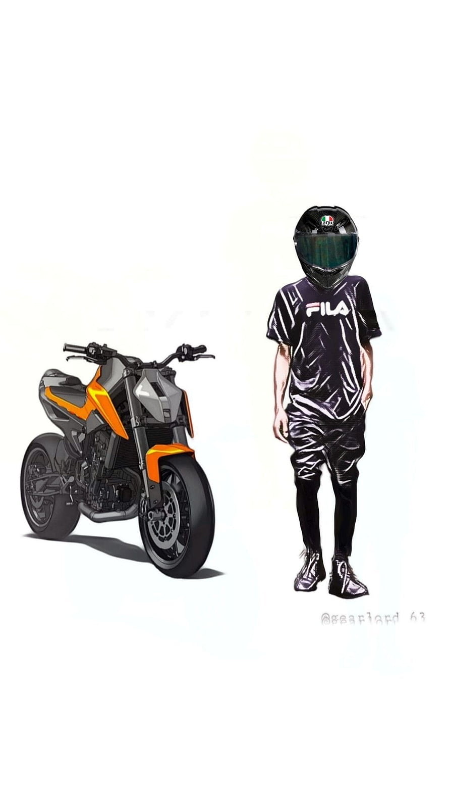 KTM 790 Motorcycle Concept Sketch with Biker Figure in Black Fila Outfit HD phone wallpaper