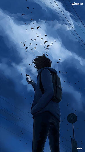 Anime Boy With Backpack Holding Phone Under Stormy Sky With Flying Birds HD phone wallpaper