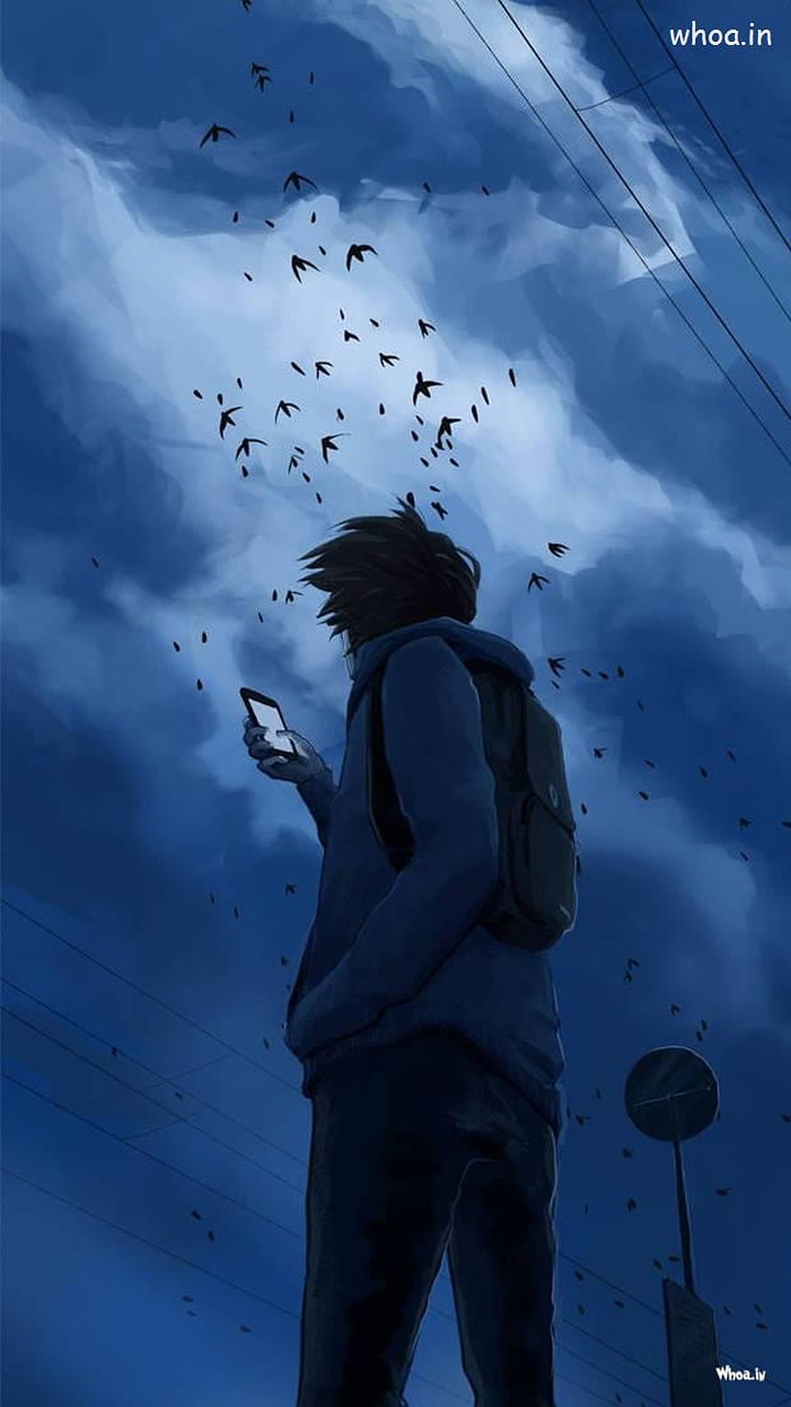 Anime Boy With Backpack Holding Phone Under Stormy Sky With Flying Birds HD phone wallpaper