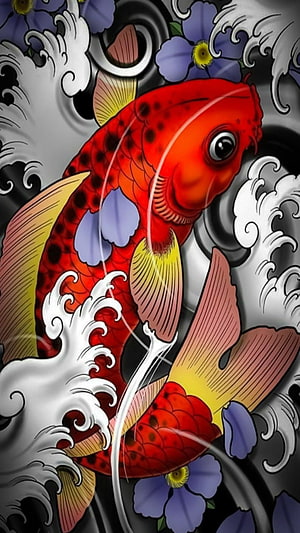 Vibrant Red Koi Fish Swimming in Traditional Japanese Waves and Flowers HD phone wallpaper