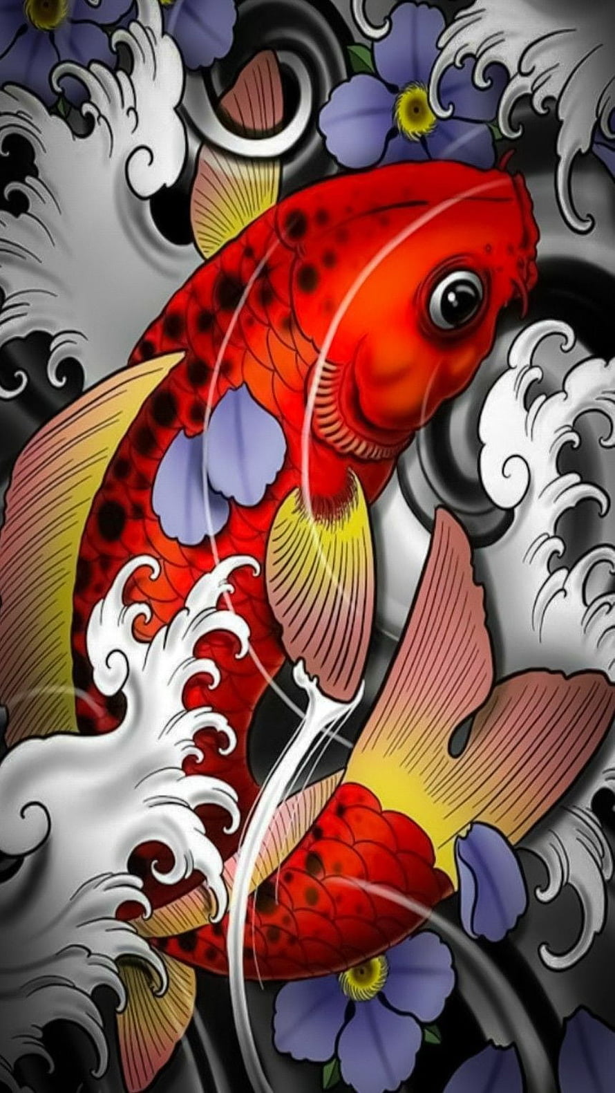 Vibrant Red Koi Fish Swimming in Traditional Japanese Waves and Flowers HD phone wallpaper