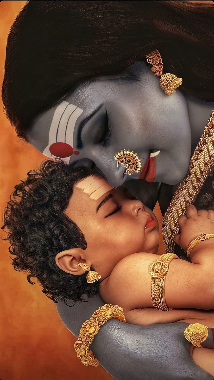Parvati and Murugan in a Tender Embrace with Traditional Indian Jewelry HD phone wallpaper