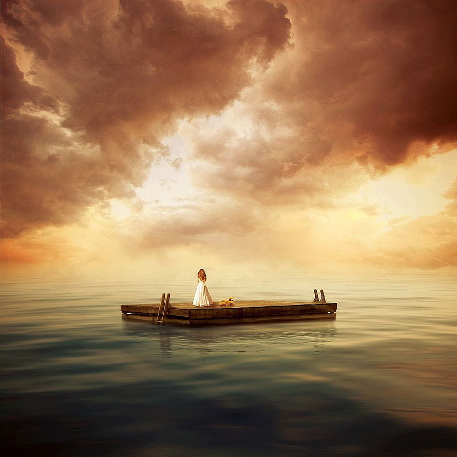 Lone Woman in White Dress Standing on a Floating Dock Under Dramatic Sunset Clouds, Only Hope by albulena panduri. Surrealism, Hope art, Modern HD phone wallpaper