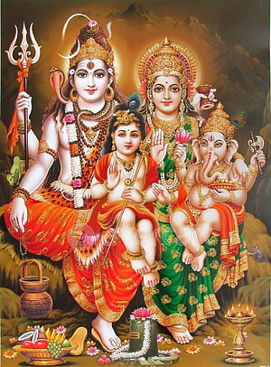 Hindu Deities Shiva Parvati Ganesha and Kartikeya Family Portrait HD phone wallpaper