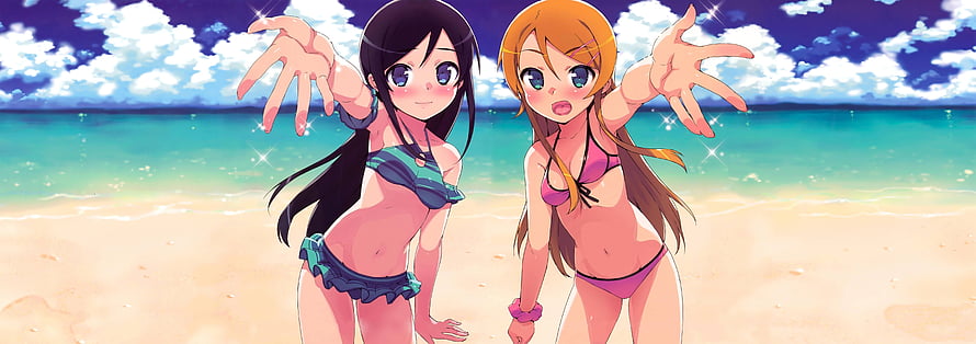 Two Anime Girls in Swimsuits Reaching Toward Viewer on a Sunny Beach HD wallpaper