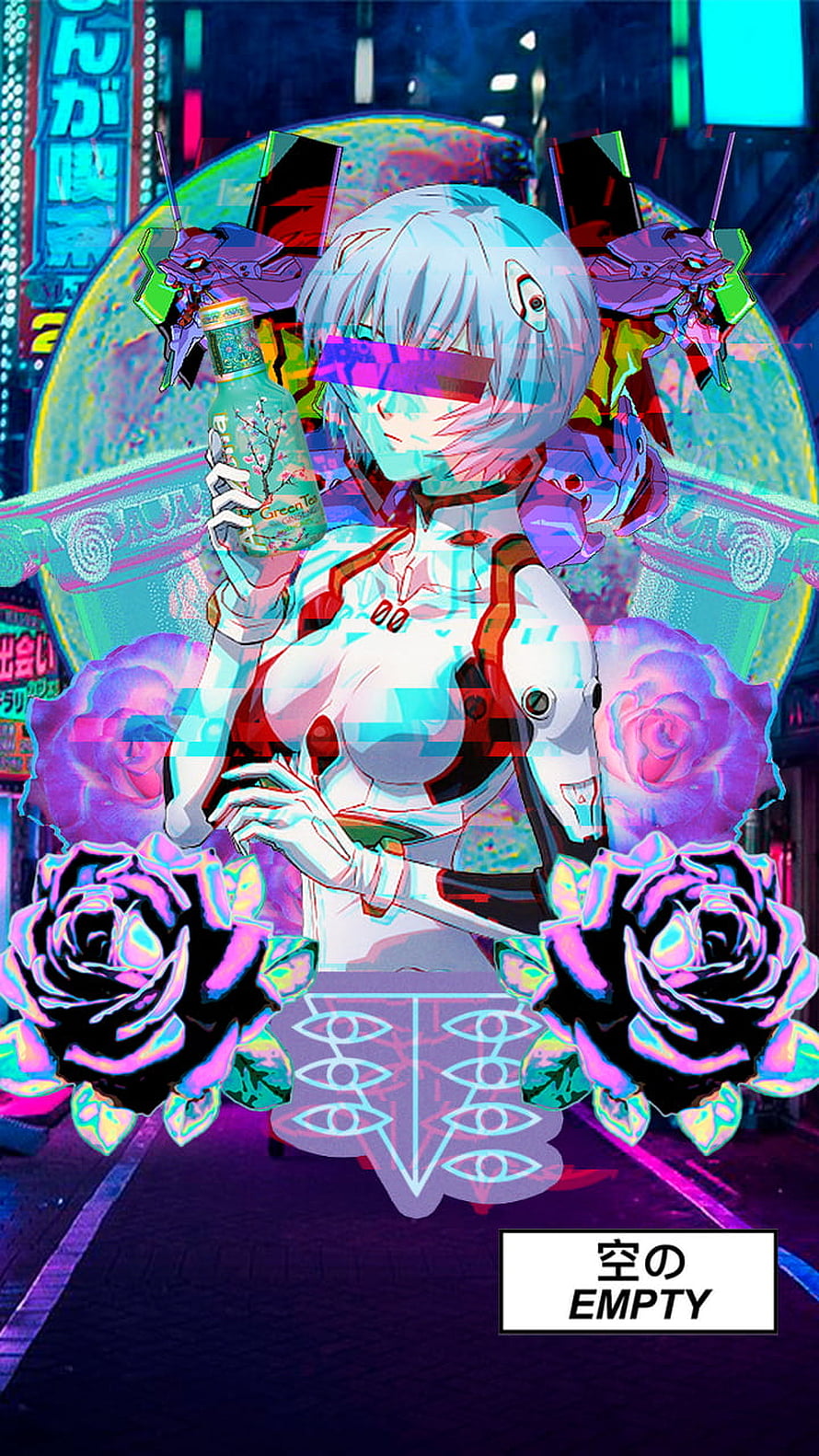 Rei Ayanami Vaporwave Neon Cyberpunk Illustration with Glitch Art and Roses HD phone wallpaper