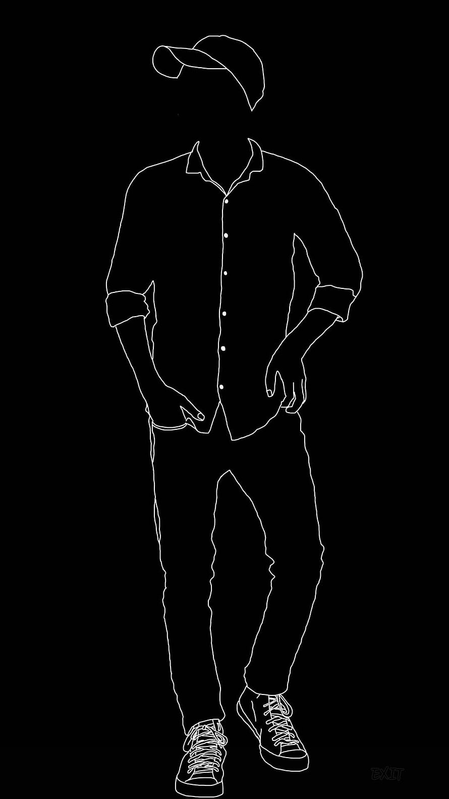Minimalist White Line Art of a Man in a Button-Down Shirt and Cap on Black Background, Attitude, Victor Attitude HD phone wallpaper