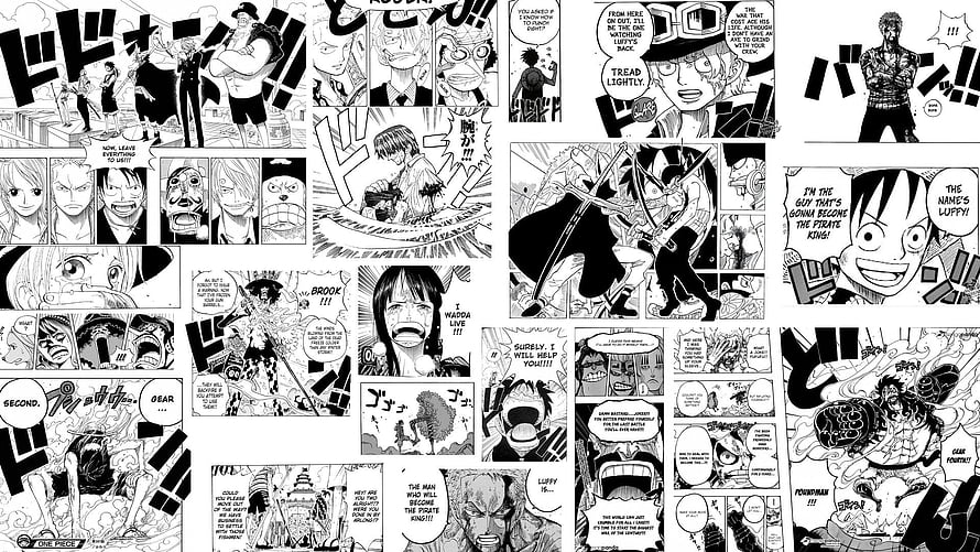One Piece Manga Panel Collage Featuring Luffy and Pirate Crew Adventures HD wallpaper