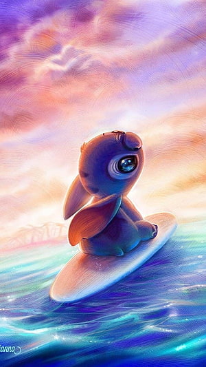Stitch sitting on a surfboard in the ocean at sunset with a pastel sky HD phone wallpaper