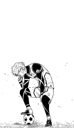 Black and white manga illustration of a soccer player resting on a ball, Ex.eone, Blue Lock HD phone wallpaper