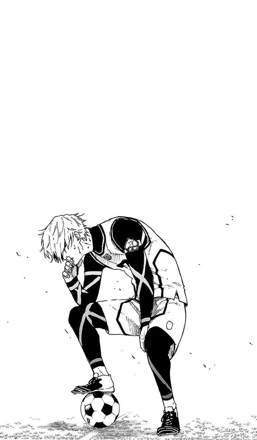 Black and white manga illustration of a soccer player resting on a ball, Ex.eone, Blue Lock HD phone wallpaper