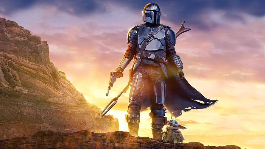 The Mandalorian and Grogu Standing on a Rocky Cliff at Sunset, Mandalorian , Mandalorian Computer HD wallpaper