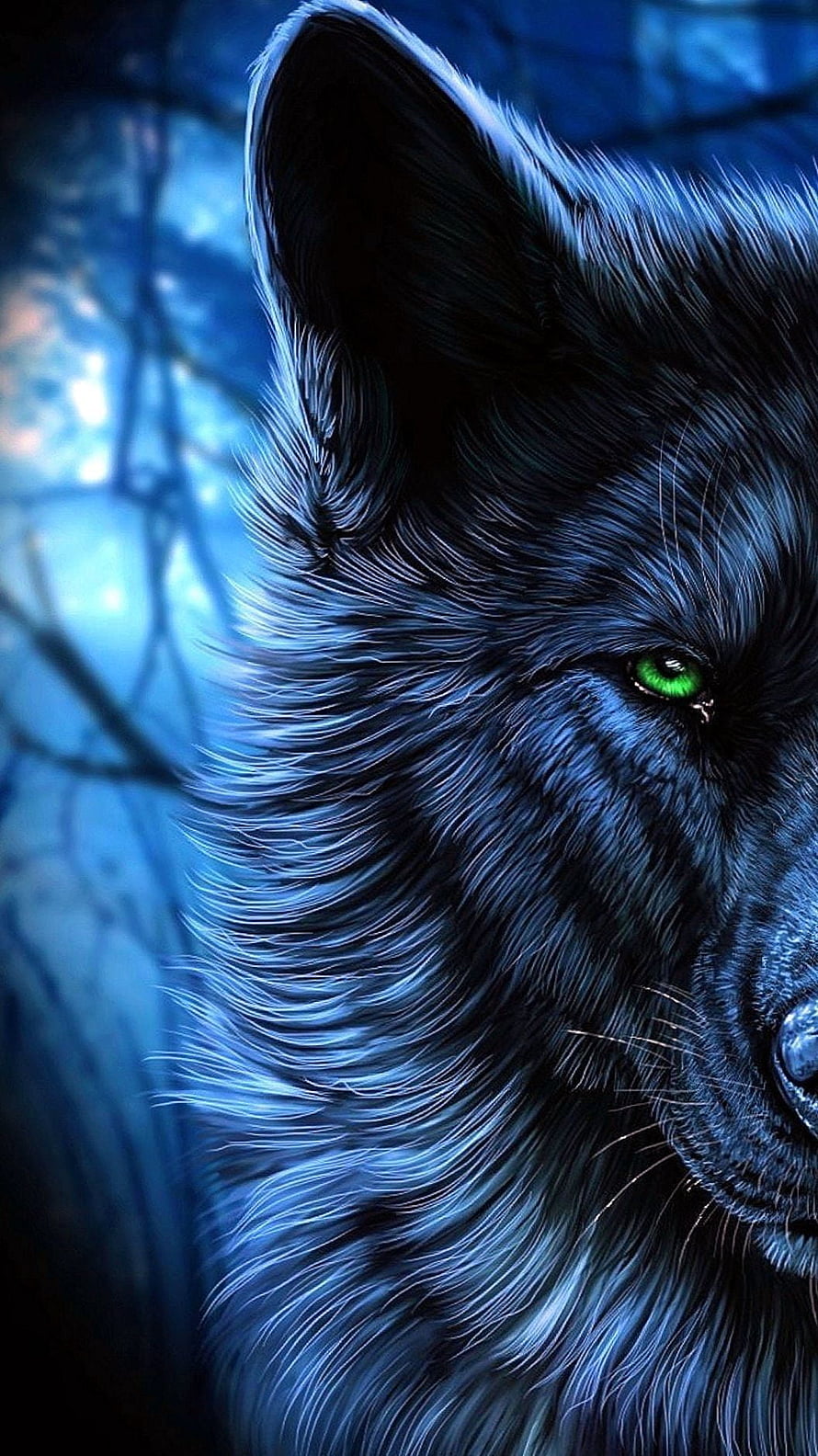 Mystical Blue Wolf With Glowing Green Eyes In Dark Forest HD phone wallpaper
