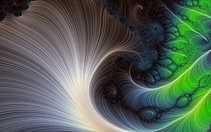 Sweeping Fractal Artwork with Flowing Lines and Vibrant Green and Silver Tones HD wallpaper