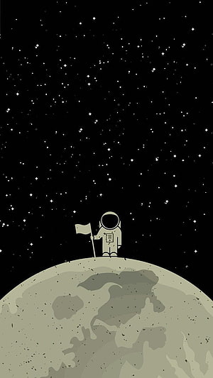 Minimalist astronaut planting a flag on the moon under a starry night sky HD phone wallpaper