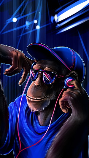 Cool Ape DJ with Headphones and Sunglasses in Neon Blue Club Atmosphere HD phone wallpaper