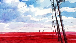 Evangelion 3.0+1.0 Thrice Upon A Time Watercolor Landscape with Red Field and Power Lines HD wallpaper