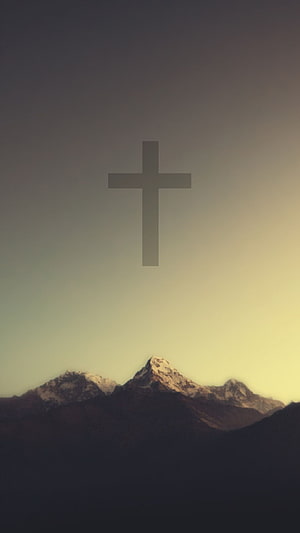 Minimalist Christian Cross Silhouette Over Snowy Mountain Peaks at Sunset HD phone wallpaper