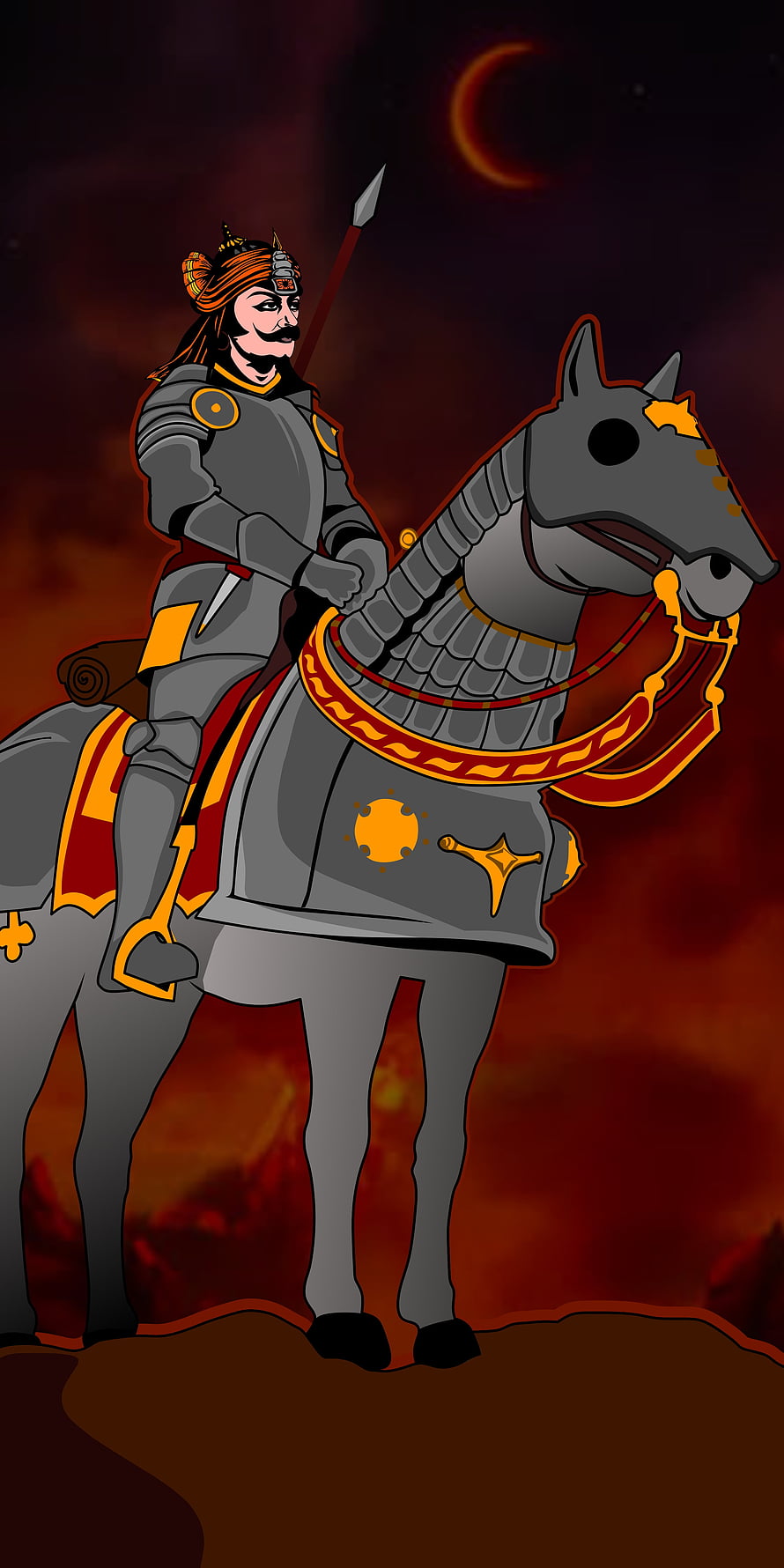 Cartoon Medieval Knight on Armored Horse with Crescent Moon Background HD phone wallpaper