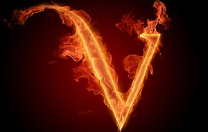 Glowing Letter V Rendered in Vivid Orange Flames Against a Dark Background HD wallpaper