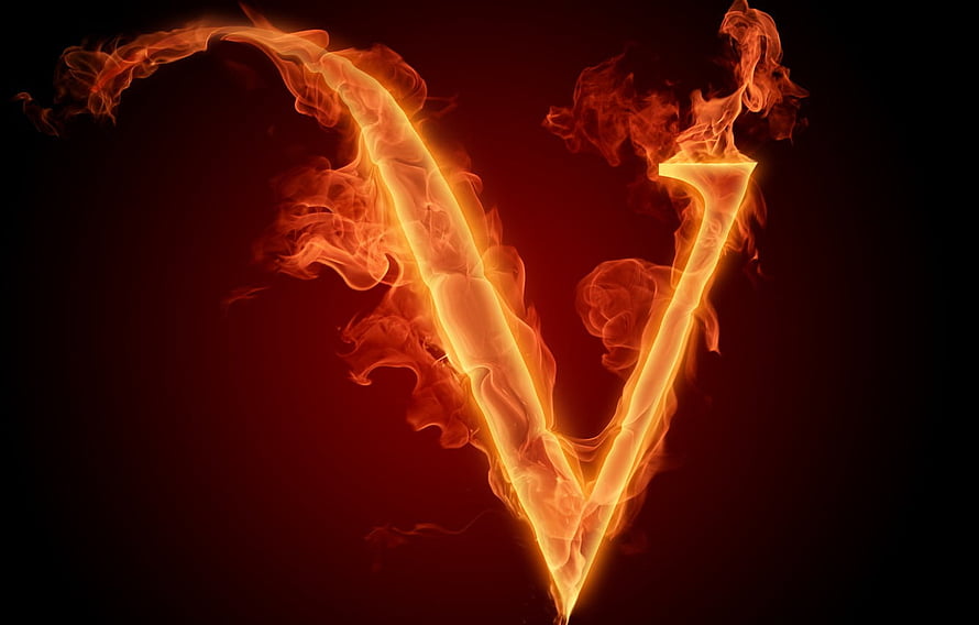 Glowing Letter V Rendered in Vivid Orange Flames Against a Dark Background HD wallpaper