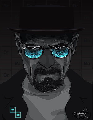 Breaking Bad Heisenberg Portrait with Blue Crystal Reflections and Periodic Table Background HD phone wallpaper