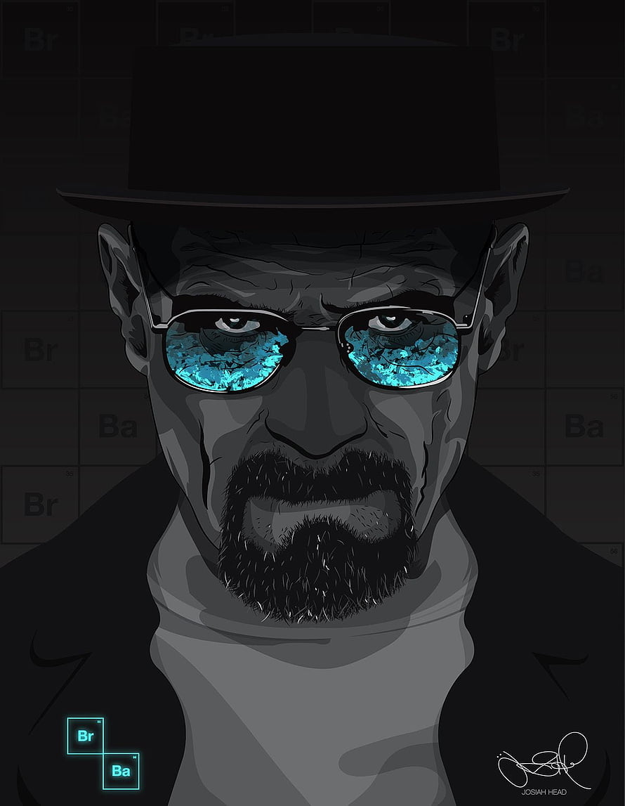 Breaking Bad Heisenberg Portrait with Blue Crystal Reflections and Periodic Table Background HD phone wallpaper