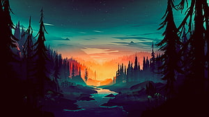 Stylized Digital Art of a Serene Forest River at Sunset with Vibrant Gradient Sky HD wallpaper