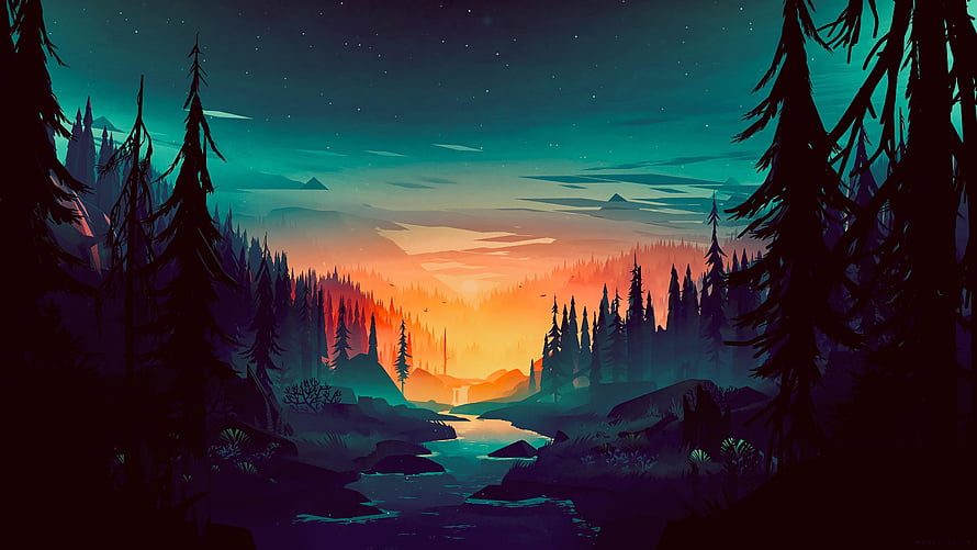 Stylized Digital Art of a Serene Forest River at Sunset with Vibrant Gradient Sky HD wallpaper