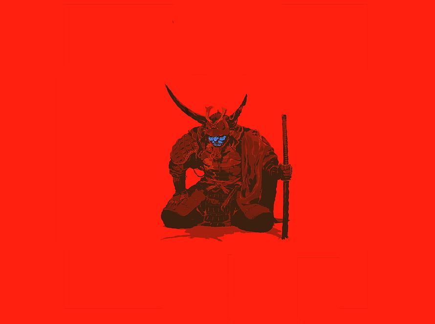 Minimalist Samurai Warrior Illustration with Glowing Blue Eyes on Red Background HD wallpaper