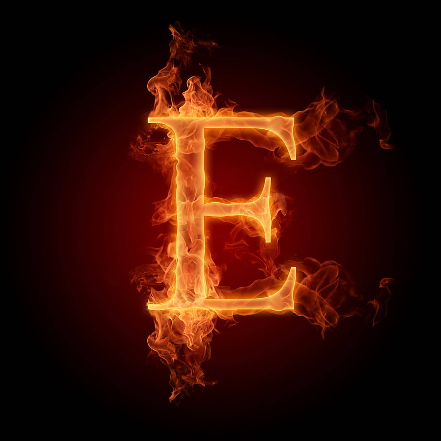Fiery Letter E Alphabet Design With Burning Flames And Smoke On Dark Background HD phone wallpaper