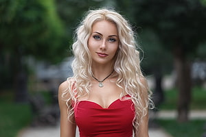 Blonde Woman in Red Dress with Blue Eyes in a Green Park Setting, Red dress, blue eyes, blonde, girl model HD wallpaper