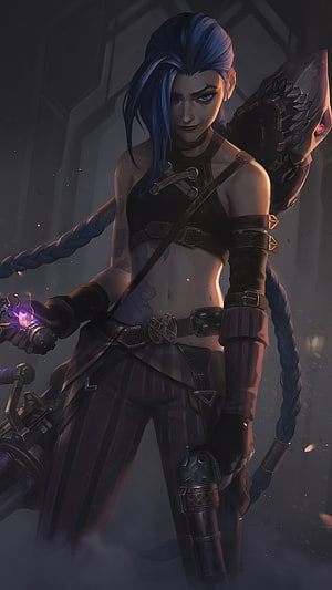 Jinx from League of Legends with blue braided hair holding a large weapon HD phone wallpaper