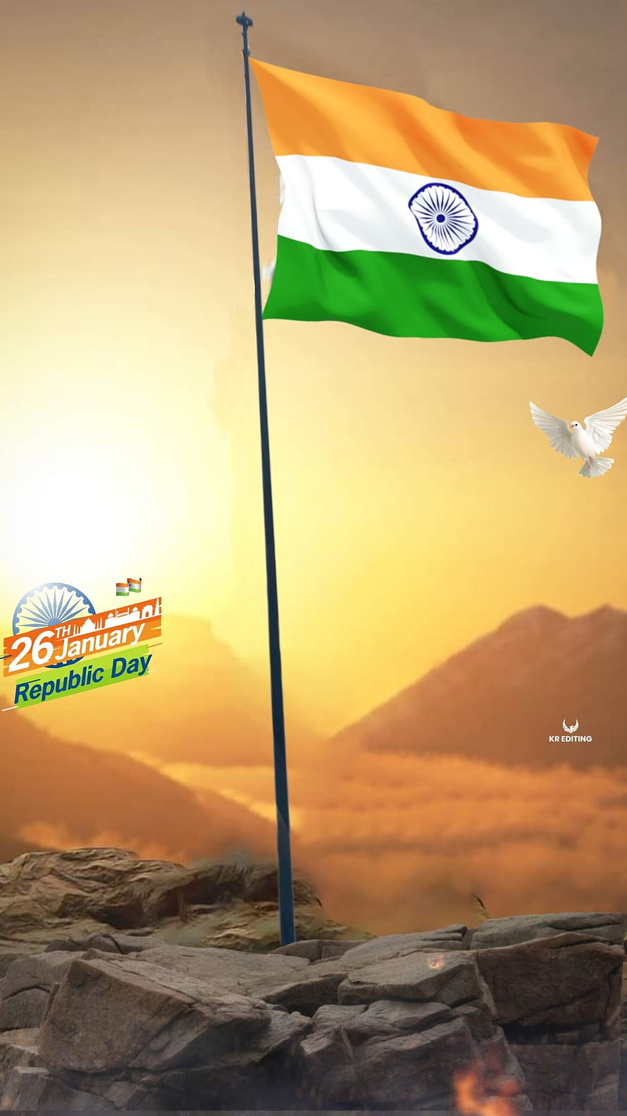 Indian National Flag Waving at Sunrise Over Rocky Mountain Landscape for Republic Day HD phone wallpaper