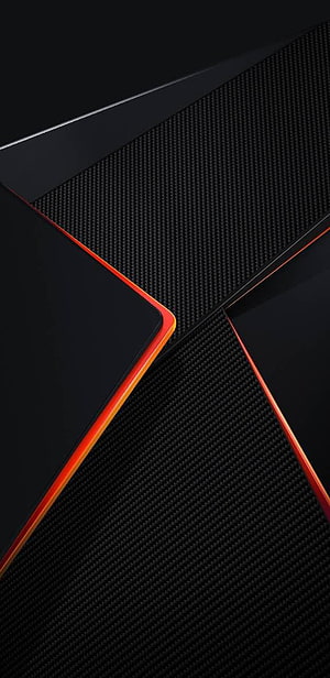 Sleek Black Carbon Fiber Texture with Vibrant Orange Geometric Accents for Gaming Desktops HD phone wallpaper