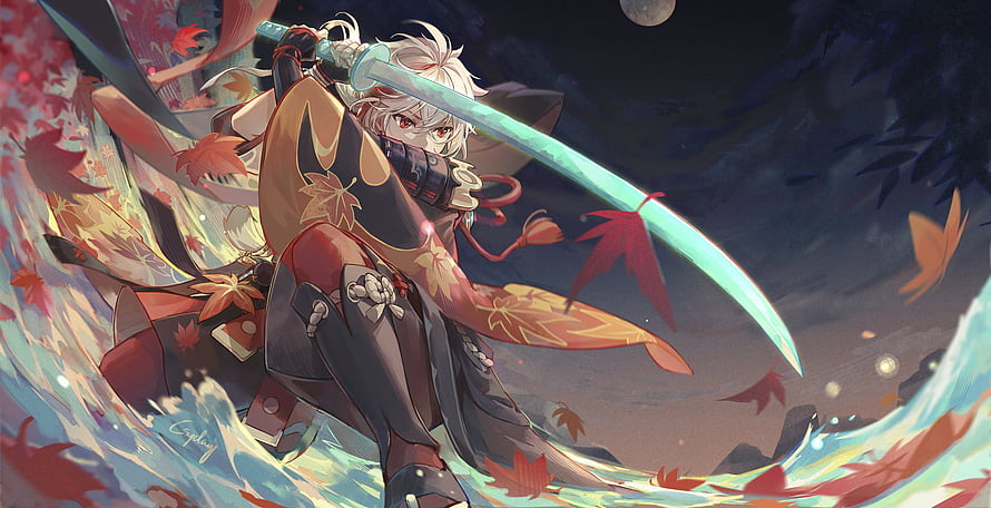 Kaedehara Kazuha from Genshin Impact wielding a glowing katana amidst swirling autumn maple leaves HD wallpaper