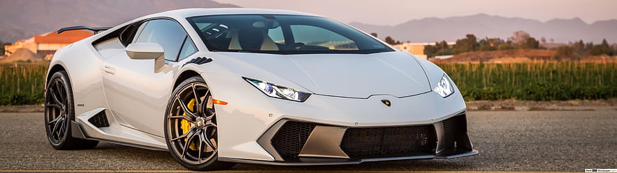 White Lamborghini Huracan Performante on a Road with Mountains, 5120x1440 Car HD wallpaper