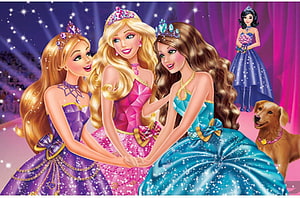 Barbie Princesses in Sparkling Ball Gowns at a Royal Gala with Dog HD wallpaper