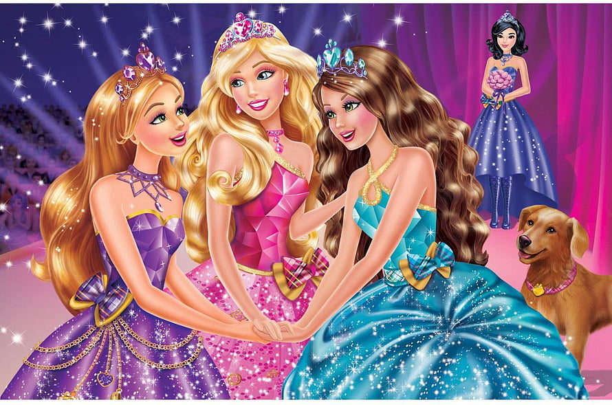 Barbie Princesses in Sparkling Ball Gowns at a Royal Gala with Dog HD wallpaper