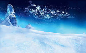 Frozen Winter Landscape with Snowflakes and Ice Castle at Night HD wallpaper