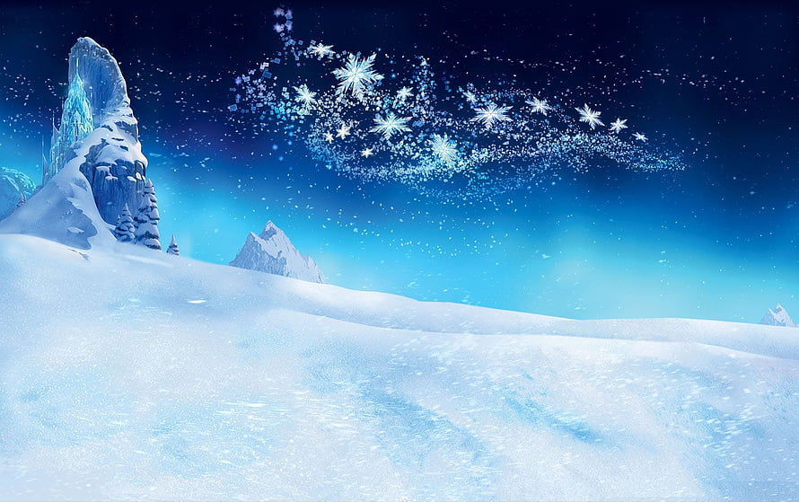 Frozen Winter Landscape with Snowflakes and Ice Castle at Night HD wallpaper