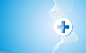 Blue Medical Cross Icon with Abstract Flowing Lines and Dotted Patterns on Light Background HD wallpaper