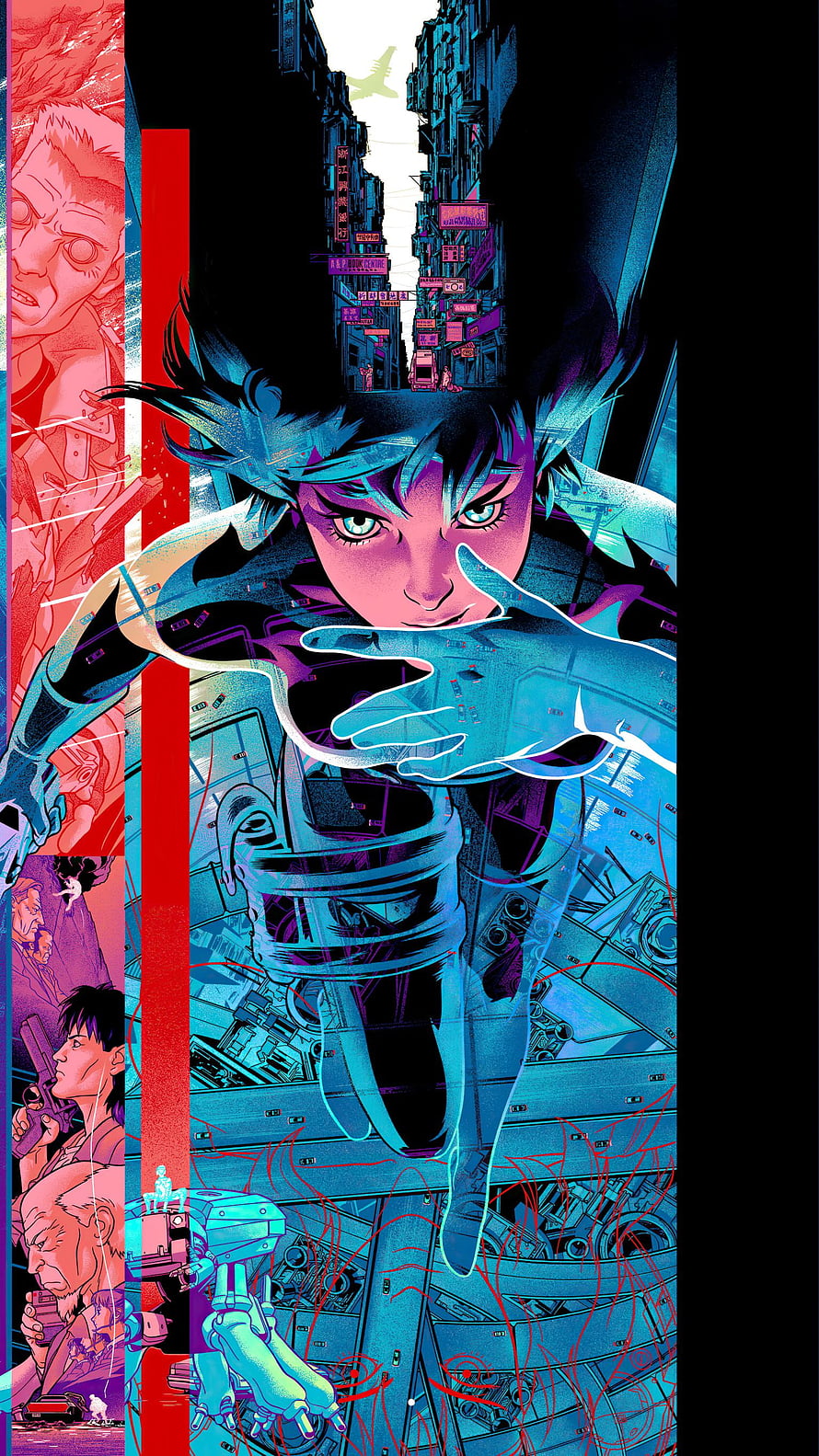 Ghost in the Shell Cyberpunk Anime Illustration with Futuristic Cityscape and Neon Palette HD phone wallpaper