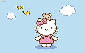 Cute Hello Kitty in Pink Dress with Teddy Bear and Flying Birds on Light Blue Sky Background HD wallpaper