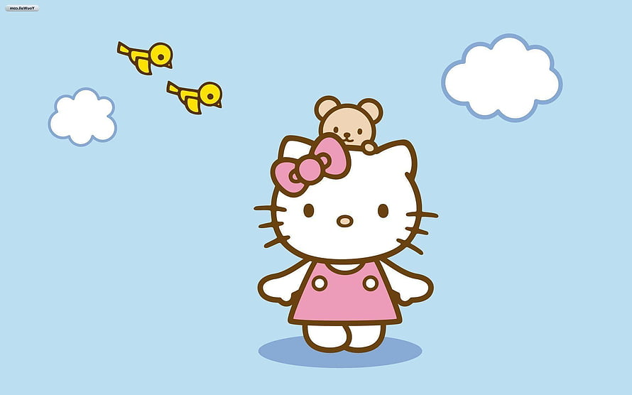 Cute Hello Kitty in Pink Dress with Teddy Bear and Flying Birds on Light Blue Sky Background HD wallpaper