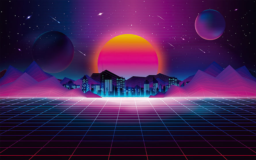Retro 80s Synthwave Cityscape with Neon Grid, Sunset, and Planets HD wallpaper